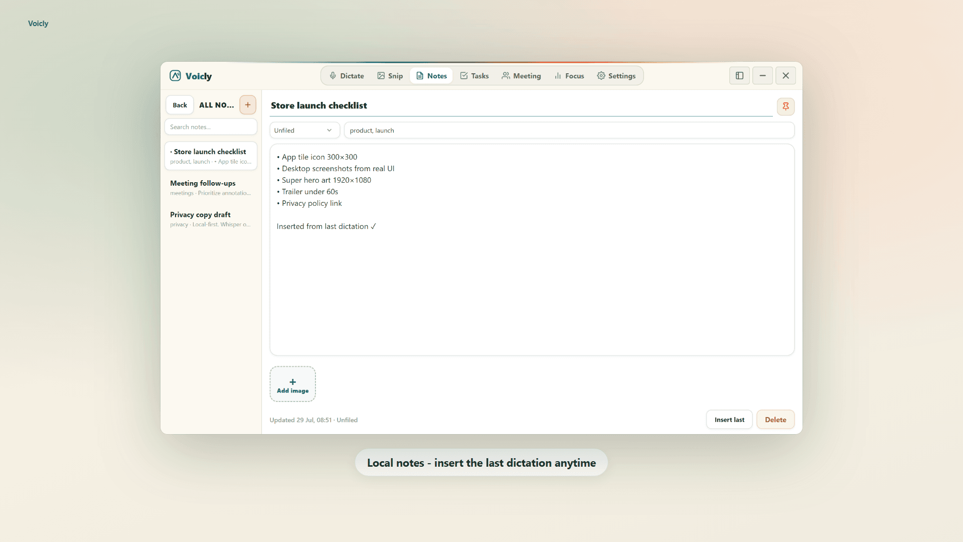 Voicly: Notes · insert last dictation