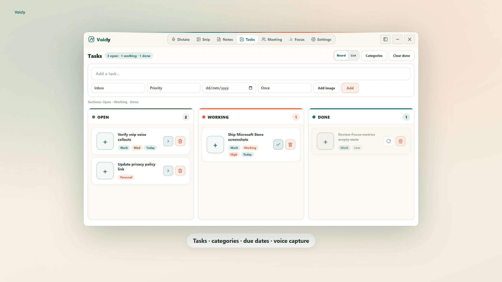 Voicly: Tasks · categories · due dates