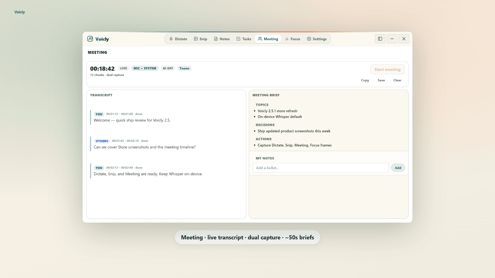 Voicly: Meeting · live transcript · briefs