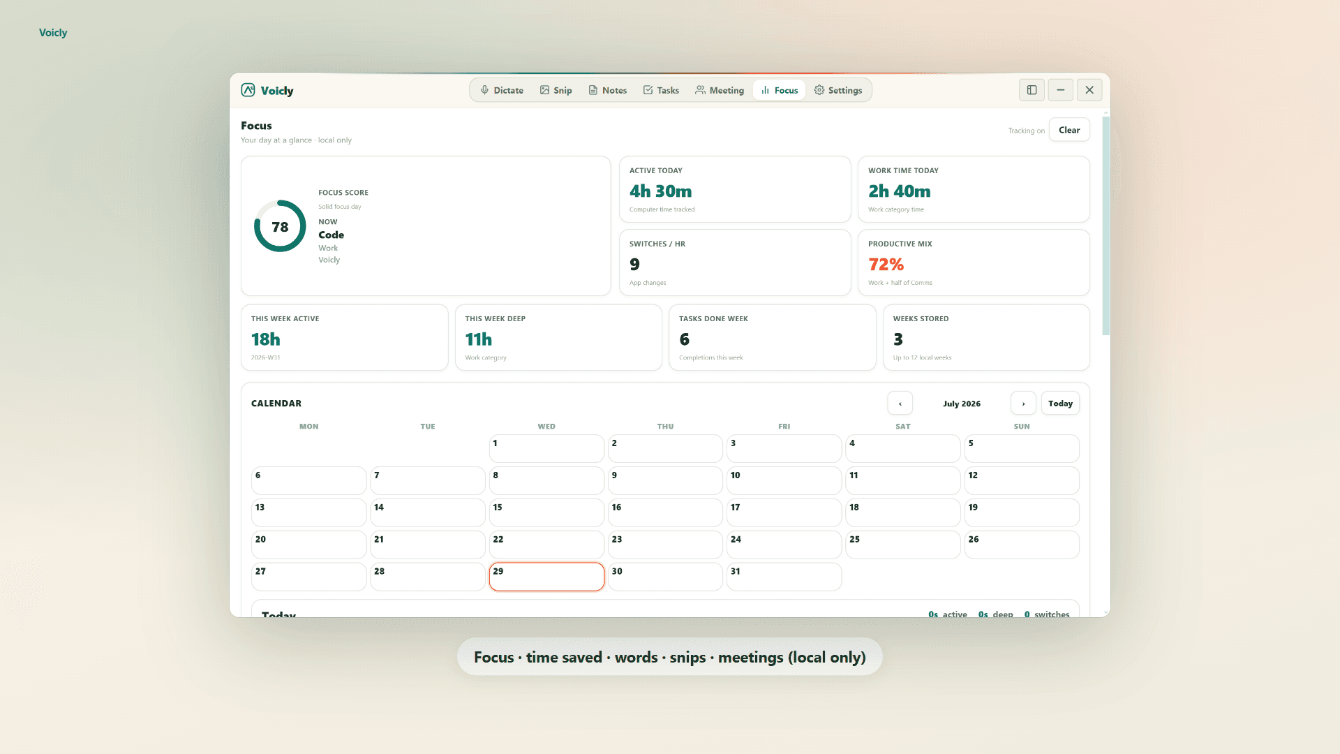 Voicly: Focus · time saved · local stats