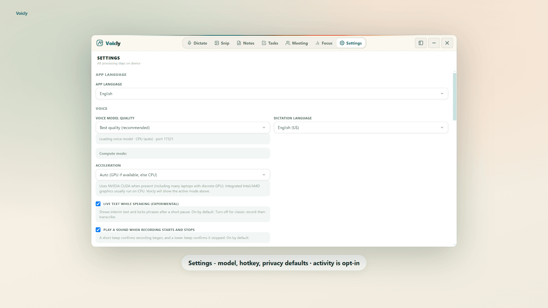 Voicly: Settings · model · privacy